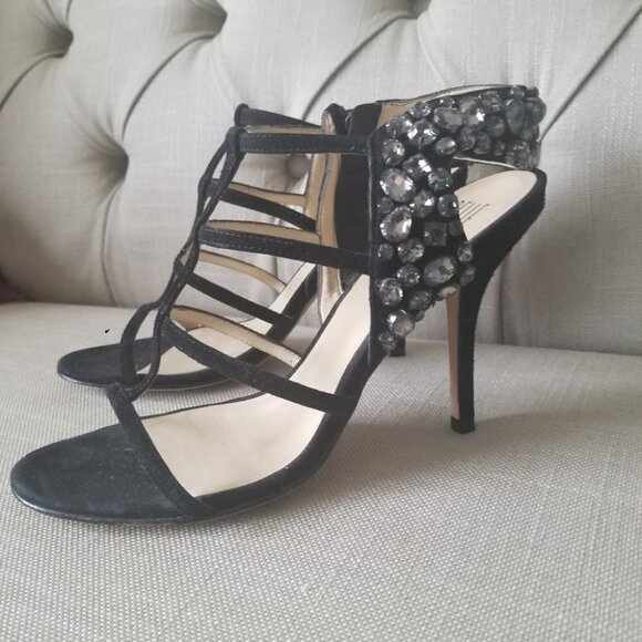 New PELLE MODA | suede heels black shoes t straps crystals sz 10M - Picture 3 of 4